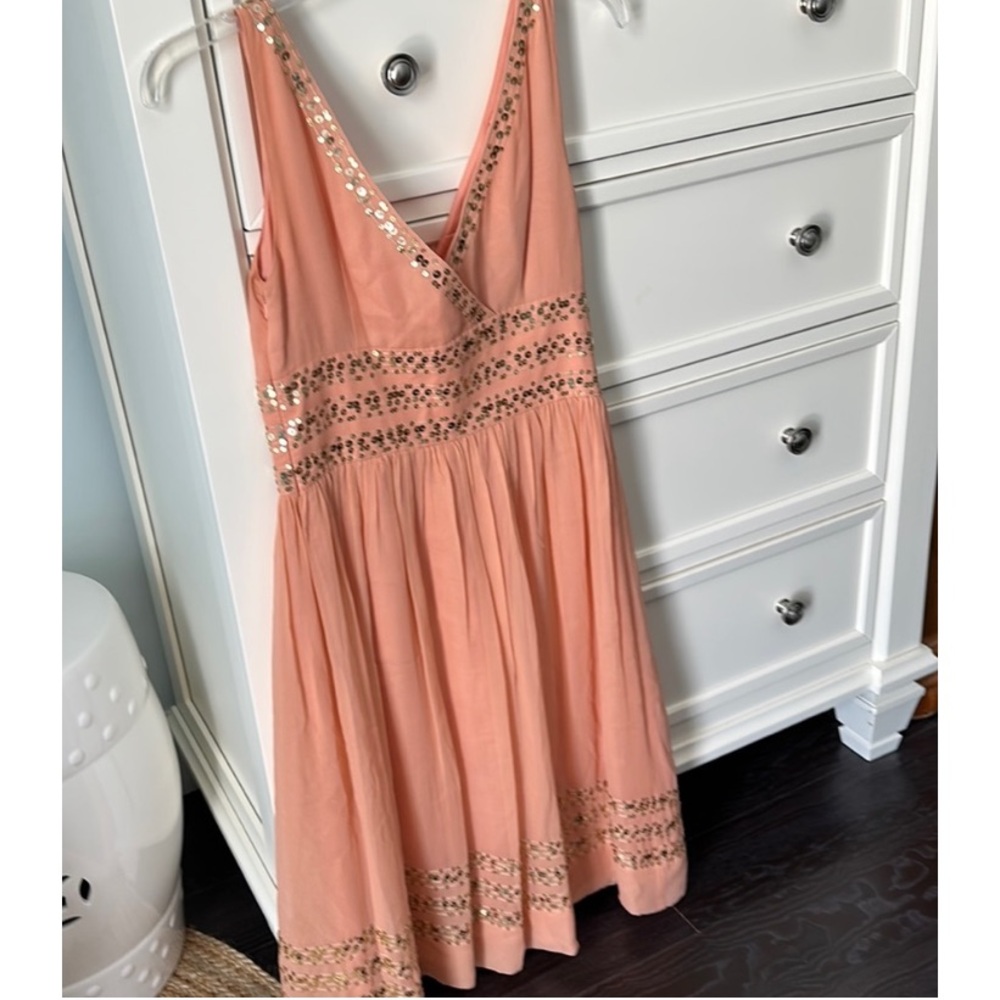 Peach Dress Gold Sequin Silk Vintage Anthropologie Reformation House Of Harlow